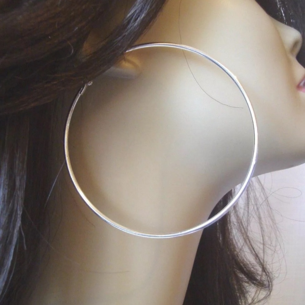 💗 Silver Large Thin Smooth Hoop Earrings NEW